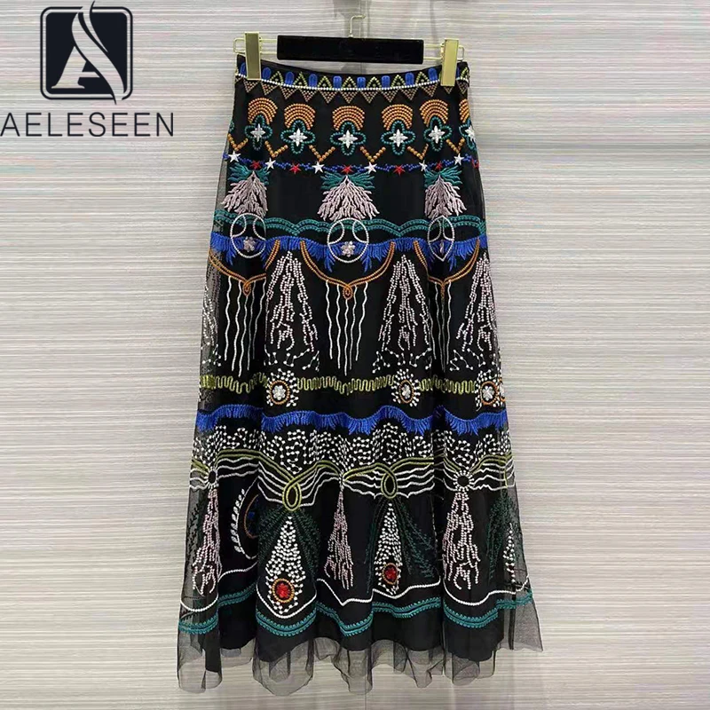 

AELESEEN Runway Fashion Women Summer Skirt High Quality Luxury Flower Embroidery Mesh Long Holiday Party Skirt