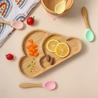 1pc baby cloud shape plate bpa free food grade bamboo wooden feeding bowl with silicone suction cup removable children%e2%80%98s cutlery