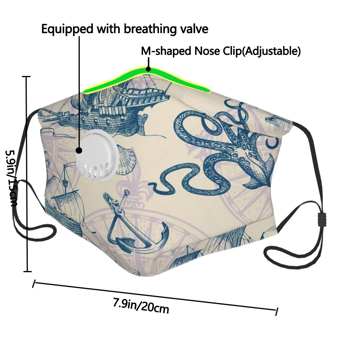 

Breathable Face Mask Vintage Ship And Octopus Protective Dust Mouth Cover Washable Reusable Mouth Mask