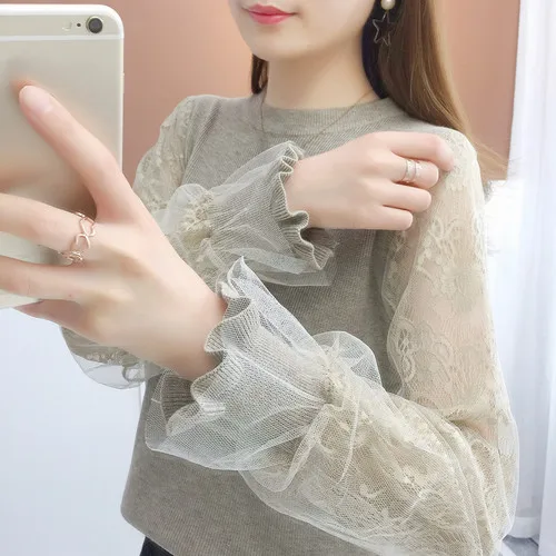 

Women Sweaters Fashion Patchwork Lace Pullovers Tops 2021 New Arrival Weater O-neck Long Sleeve Sweet Knit Jumper Coat
