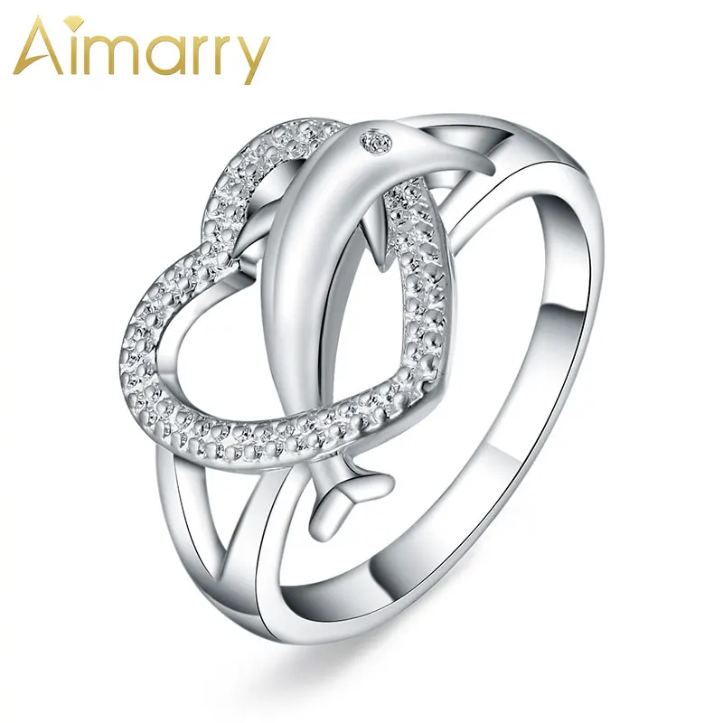 

Aimarry 925 Sterling Silver Fashion Jewelry AAA Zircon Love Heart Dolphin Ring For Women Party Engagement Wedding Gift