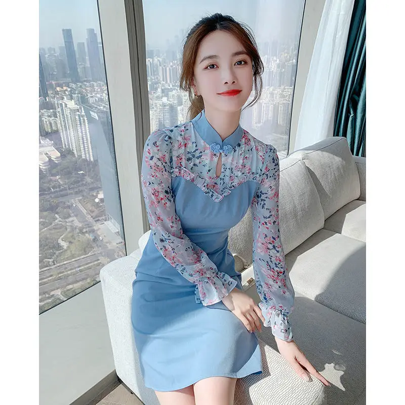 

Improved version of cheongsam female 2021 early spring new temperament waist slimming age reduction small chiffon floral dress