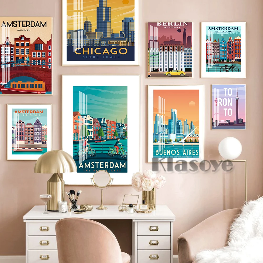Карта путешествий с города мира постер Амстердам Франция Берлин Холст Картина