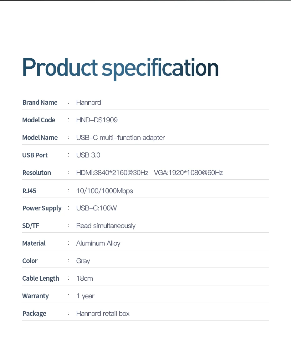 Hannord usb-хаб type C-USB 3,0 HDMI адаптер док-станция VGA RJ45 для MacBook Pro USB-C type C 3,1 Разветвитель USB C концентратор