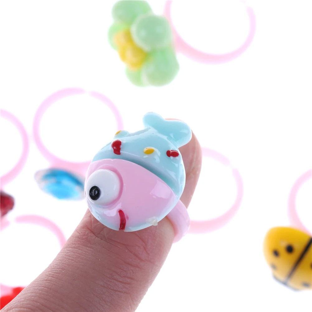 

10pcs Cute Children's Day Jewelry Plastic Kids Rings For Girls With Mixed Style Resin Cabochons Mixed Color