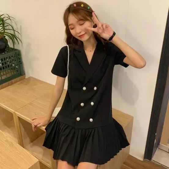 Летнее двубортное корейское популярное милое Плиссированное свободное