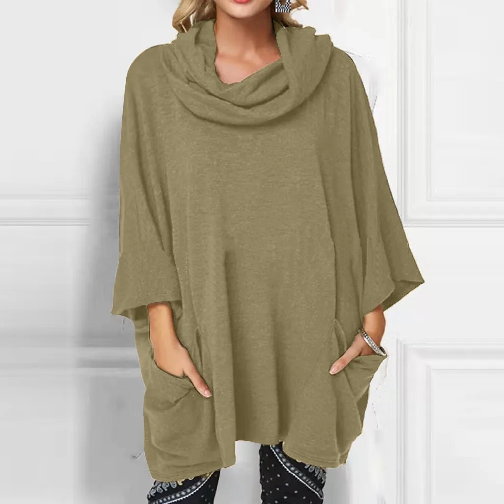 5xl Женская туника размера плюс шарф воротник чистый цвет с длинным рукавом