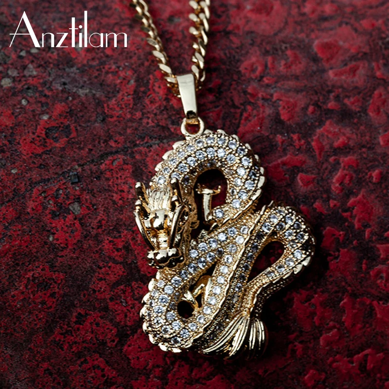 

New Fashion China Dragon Pendants Full Cubic Zircon Iced Out Necklace Mens Womens Gold Color Necklace Goth Jewelry Gift