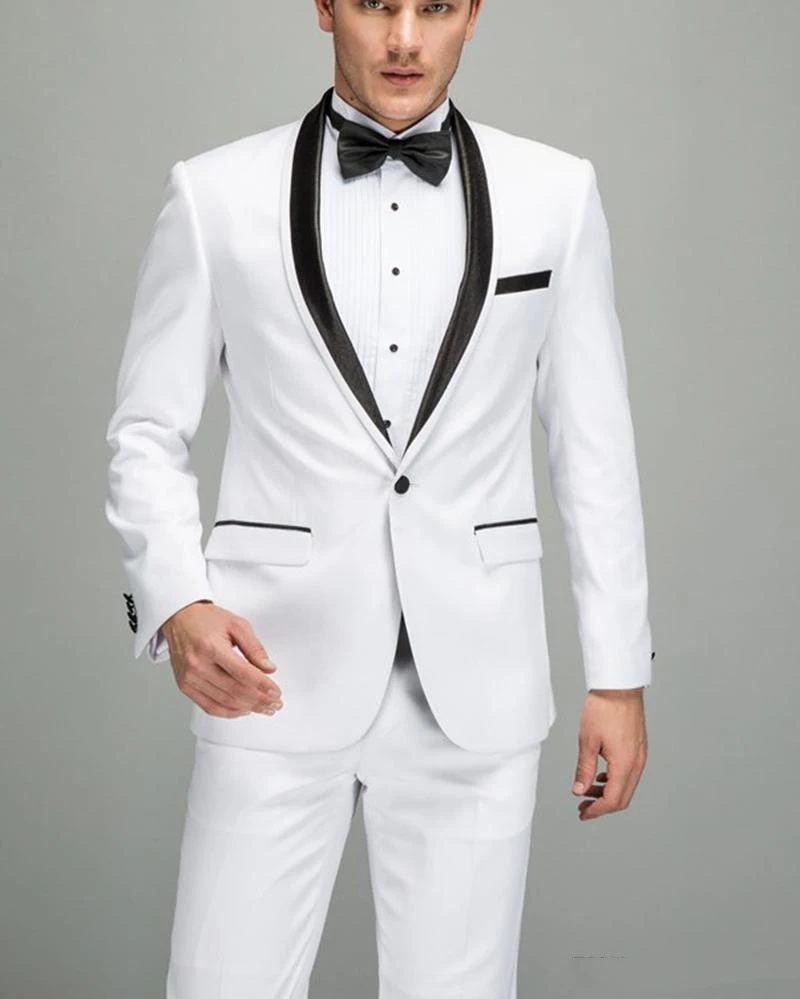 

2020 белые мужские костюмы для жениха, Черная шаль с лацканами, свадебные смокинги, приталенный Блейзер, куртка, брюки для мужчин, 3 шт.