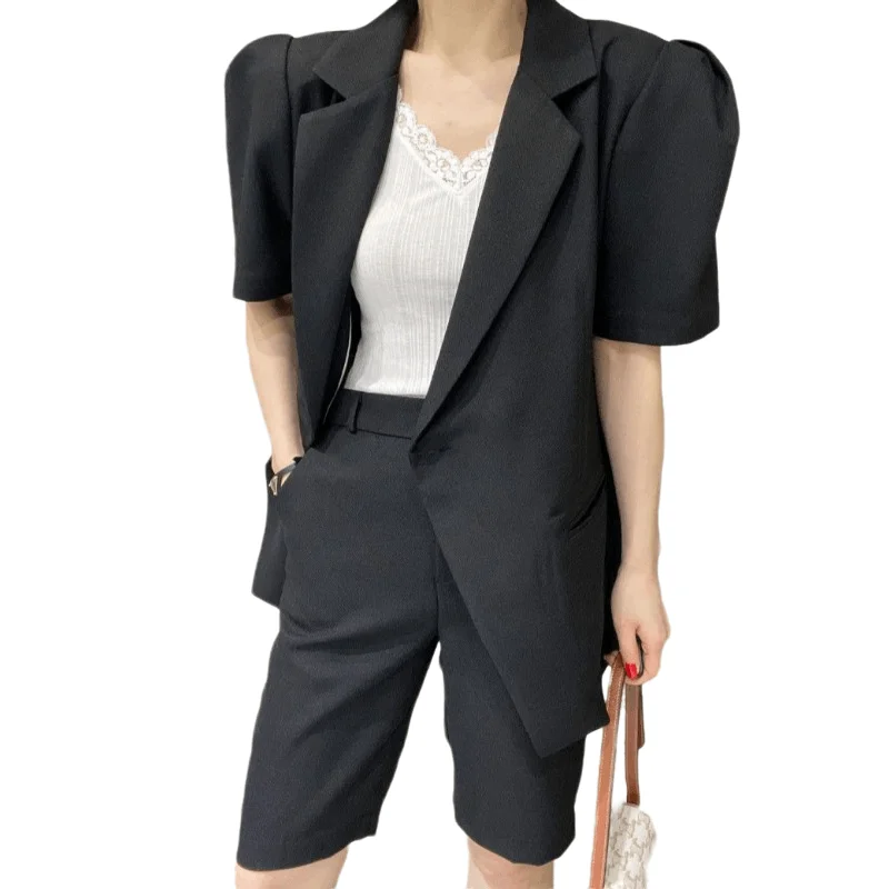 

2 Piece Sets Women Chic French Solid Short Sleeve Lapel Blazer Coat + High Waist Casual Pants Summer 2021 Matching Sets Outfits