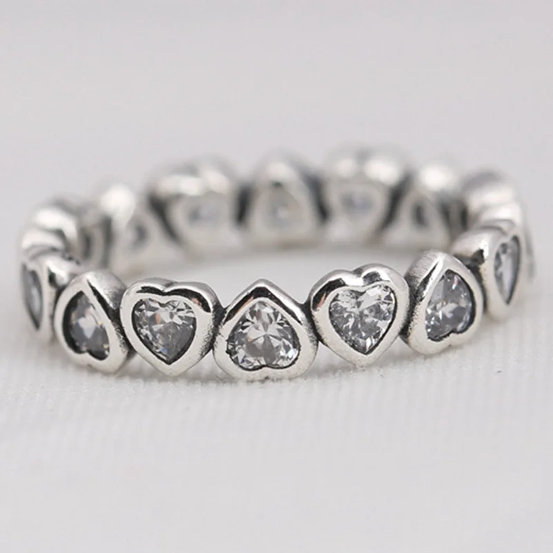 

100% 925 Sterling Silver Pan Ring Silver Ring With Shining Heart For Women Wedding Party Gift Fashion Jewelry