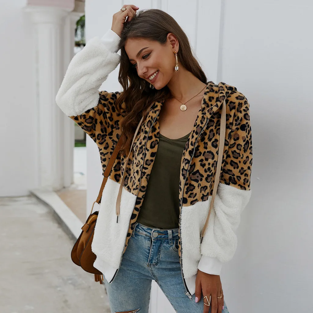 JAYCOSIN Autumn Jackets Women Leopard Print Patchwork Faux Fur Fleece Long Sleeves Cardigan Zipper Keep Warm Coat dropshipping | Женская