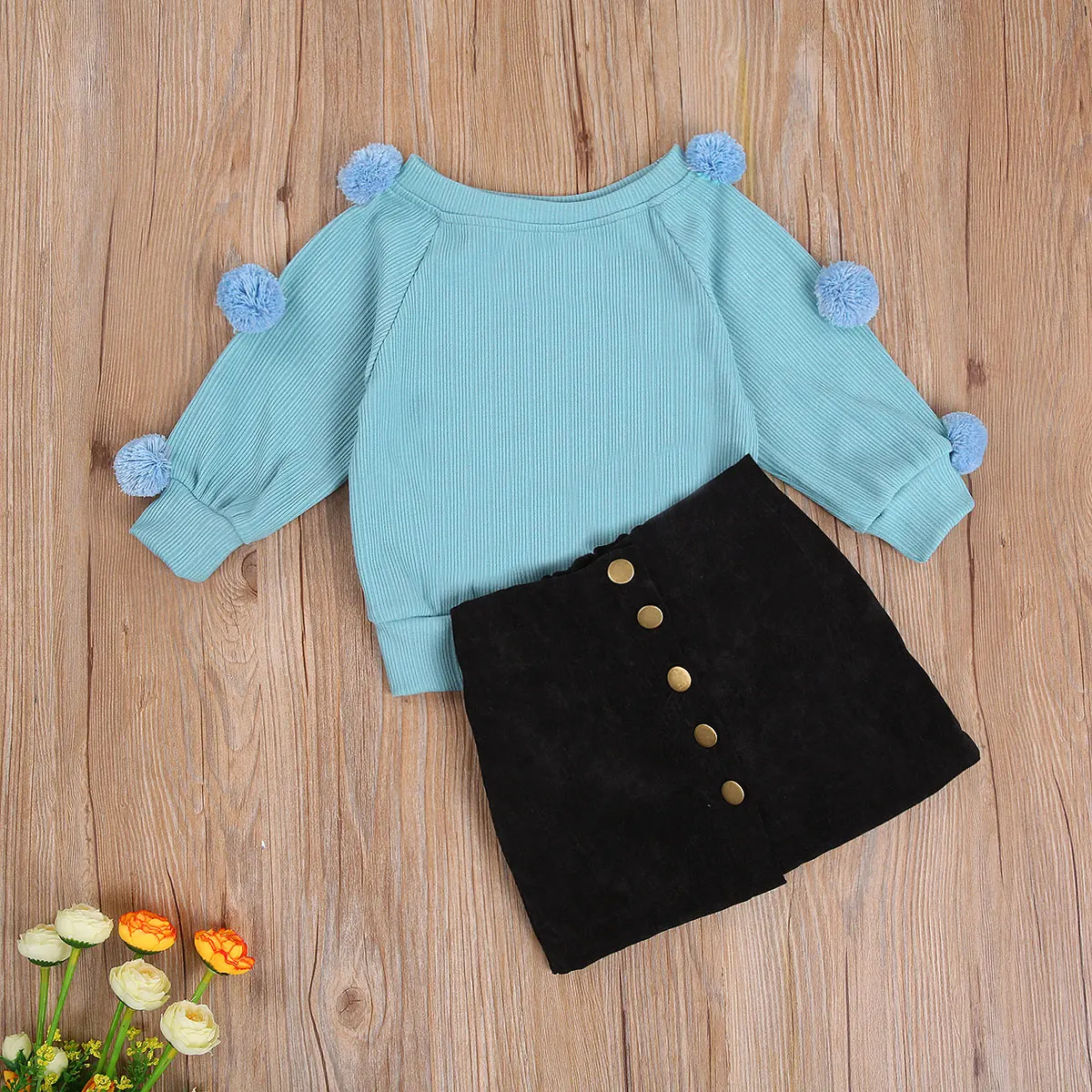 

Emmababy Autumn Winter Clothes Toddler Baby Girls Clothes Hairball Knit Tops+Button Mini Skirt Warm Outfits Sets Clothes 1-6Y