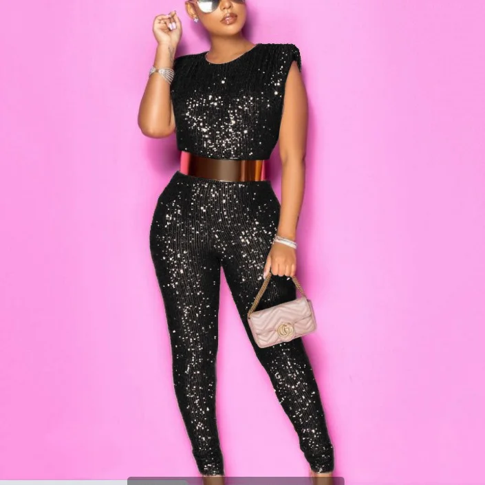 2021 New Spring Sequined Jumpsuits Sleeveless High Waist Bodycon Shinny Elegant For Evening Party Night Club Rompers & Jumpsuits