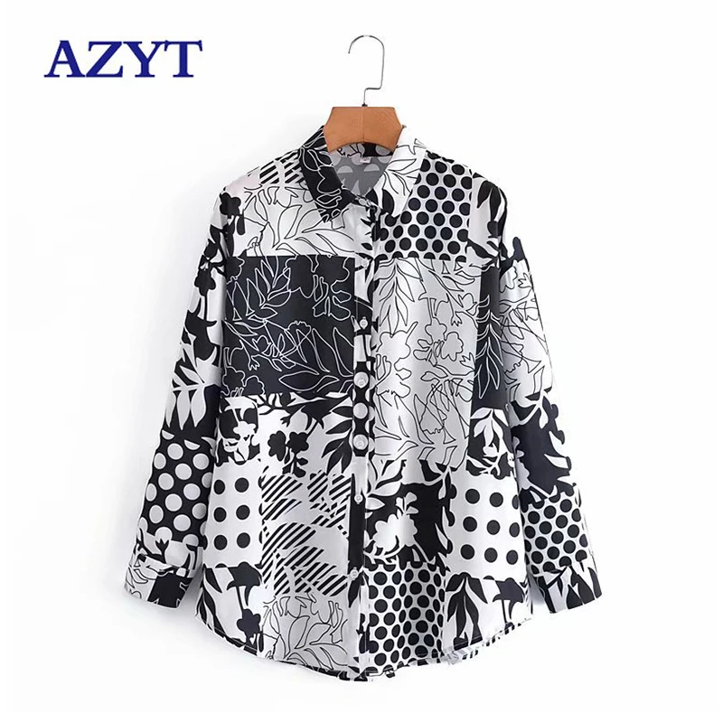 

AZYT 2021 Autumn Long Sleeve Women Blouses Vintage Turn Down Collar Print Women's Shirt Casual Buttons Blusas y camisas femme