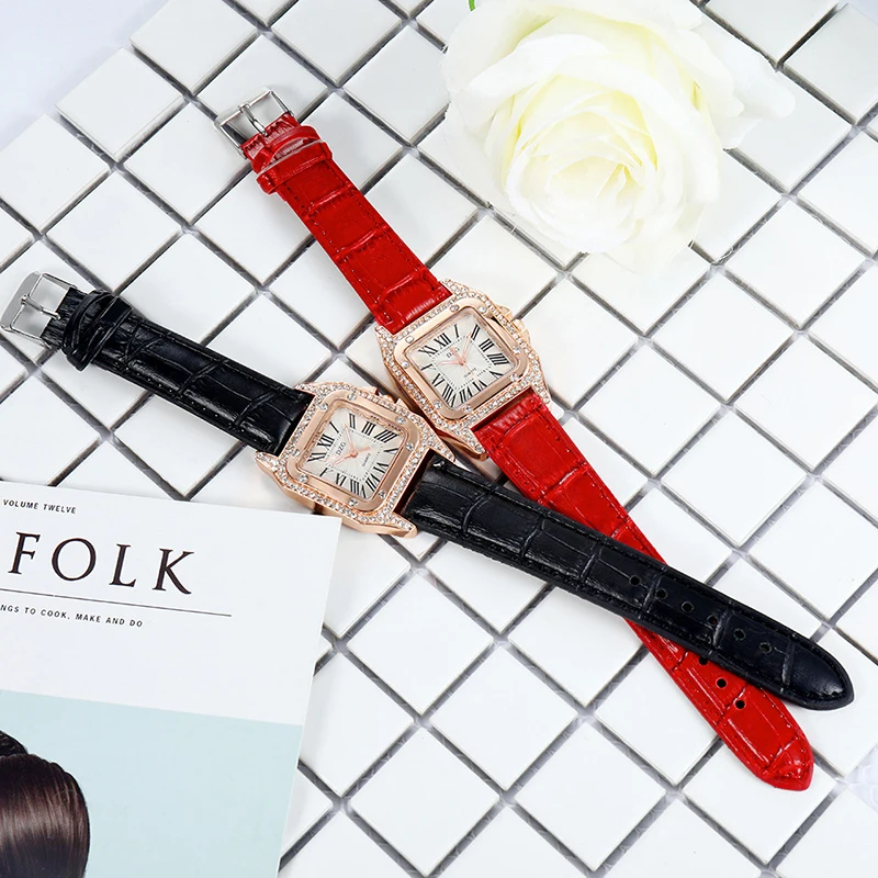 Часы наручные стразы женские квадратные роскошные с римскими цифрами и