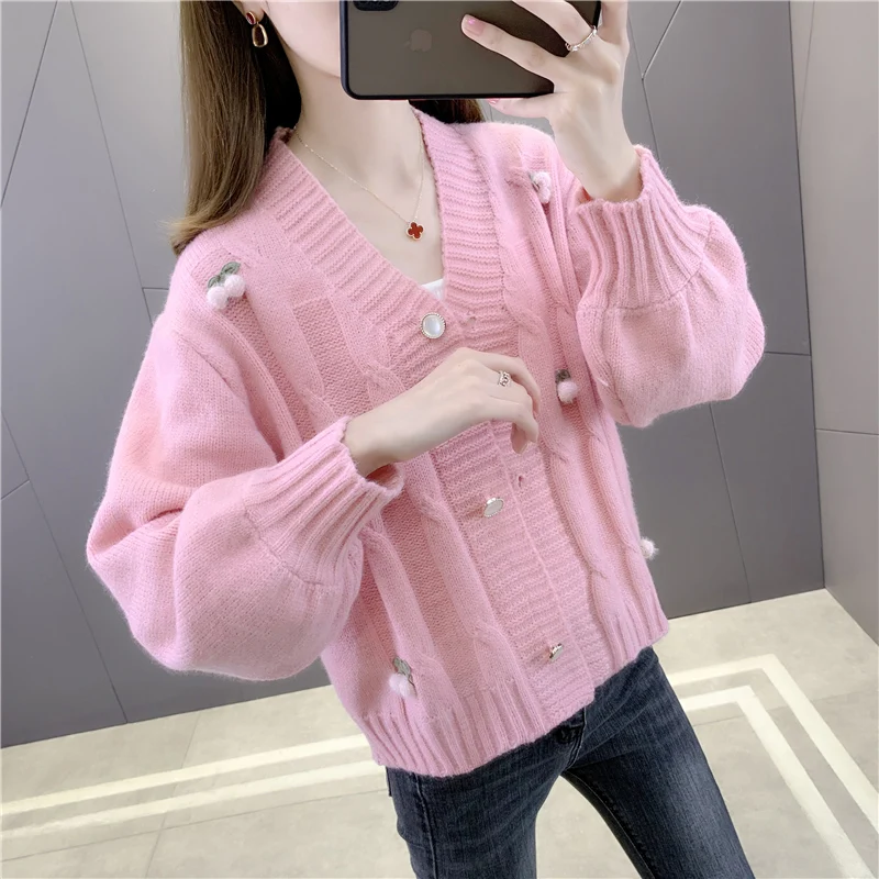 Однотонный вязаный кардиган с вышивкой V-образным вырезом |