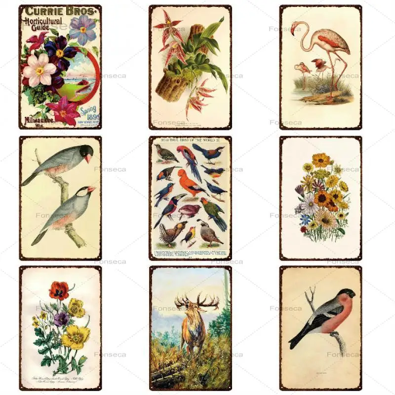 Винтажная металлическая вывеска в виде цветка птицы Постер стиле ретро кафе