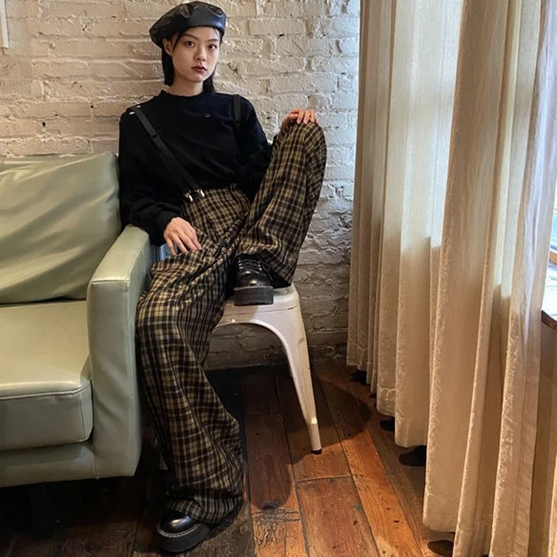 Повседневные брюки женские клетчатые Универсальные Длинные ретро-комбинезоны в