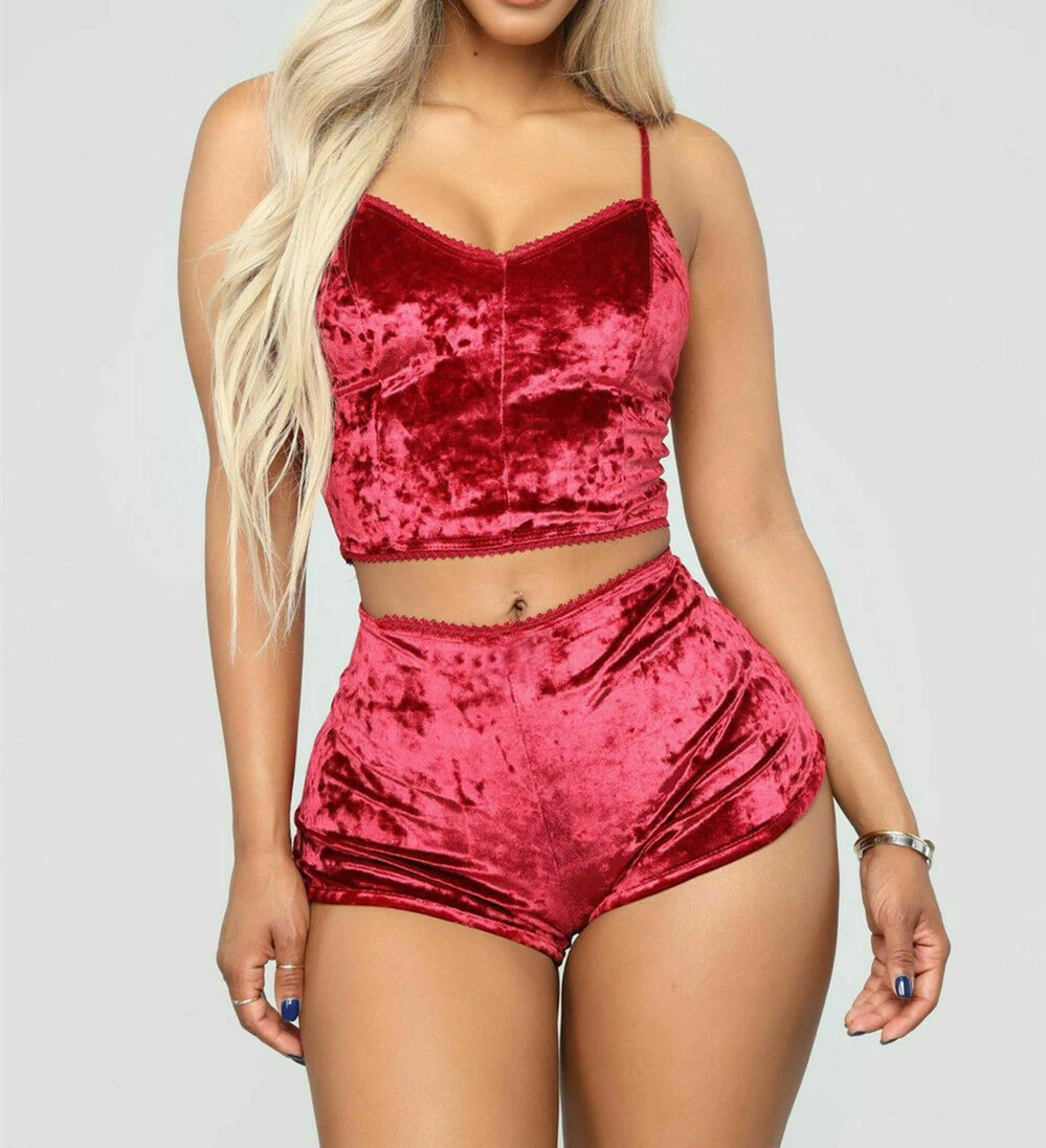 Fashion Women 2pcs Velvet Sleepwear Sexy Spaghetti Strap Velvet Shorts Pajama Set Ladies Sleepwear female Pajama Party Set