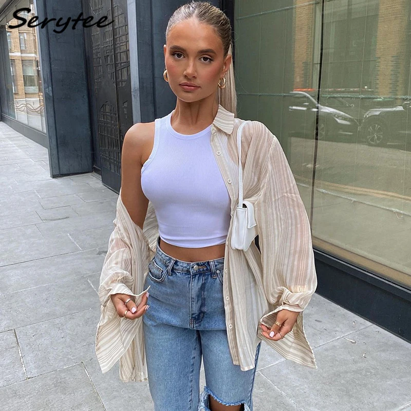 

Sertytee Autumn Turn Down Colloar Striped Oversize Blouse Shirts Women 2021 Streetwear Single Breasted Loose Tops Dailywear