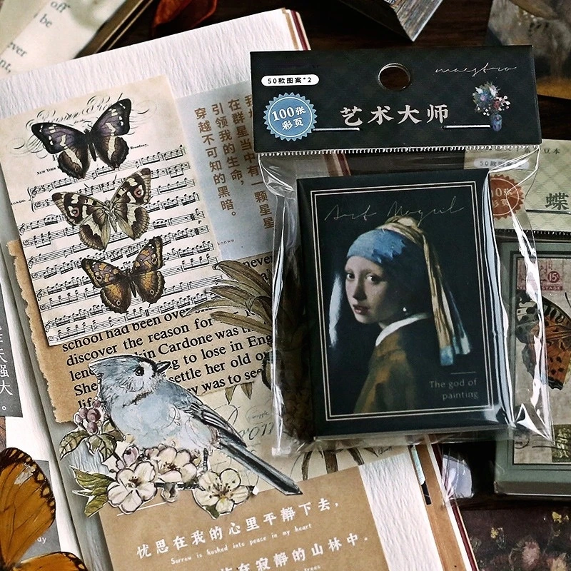 

100 Sheets/pack Artist Vintage Cards Retro Poster Card Sticker Pack For Planner Diary Albums Journaling Notebook Decoration