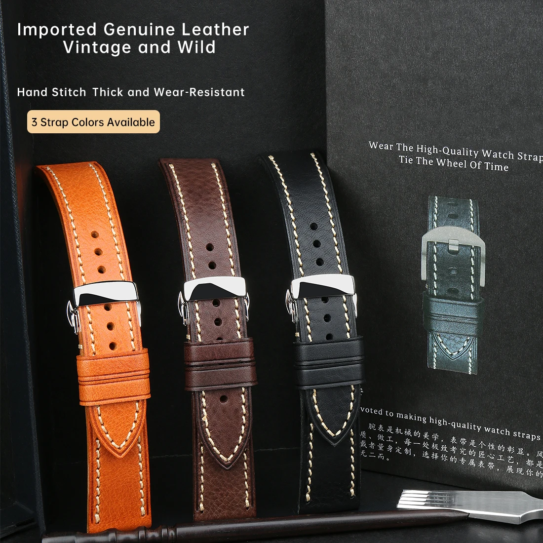 DEETLE Genuine Calfskin Leather Watchband 20mm 21mm 22mm 24mm Straps with Solid Automatic Butterfly Buckle Business Watch Band