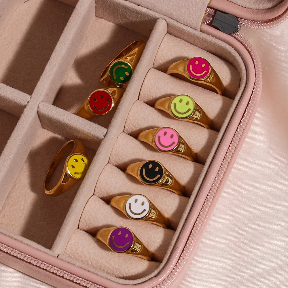 

Popular Colorful Cute Rings Stainless Steel 18K Gold Plated Tarnish Free Hypoallergenic Smiley Face Rings For Woman Girl