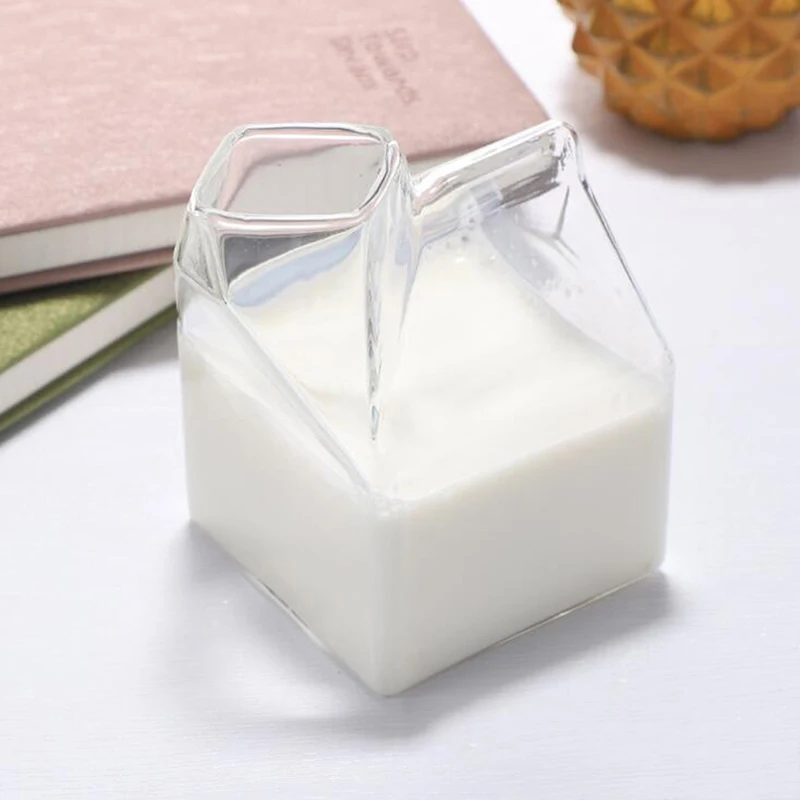 1Pc 300ML Half Pint Milk Carton Style Creative Mini Creamer Jug Glass Milk Mug