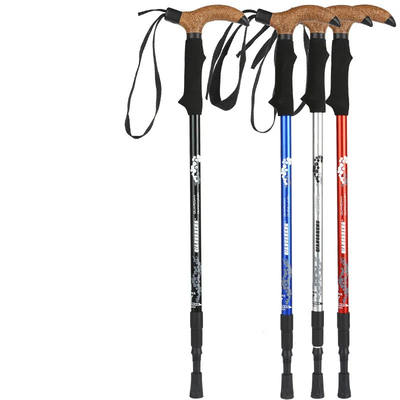 

Aluminum Alloy Three Section Telescopic Absorber Mountaineering Hiking Stick Curved Handle Crutch Outdoor Walking Trekking Cane