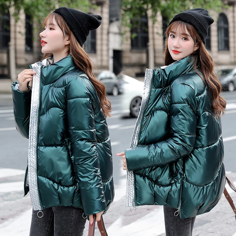 

Новинка 2020, женские зимние пальто, модные глянцевые парки с воротником-стойкой, зимняя куртка, женское блестящее пальто из хлопка с подкладк...