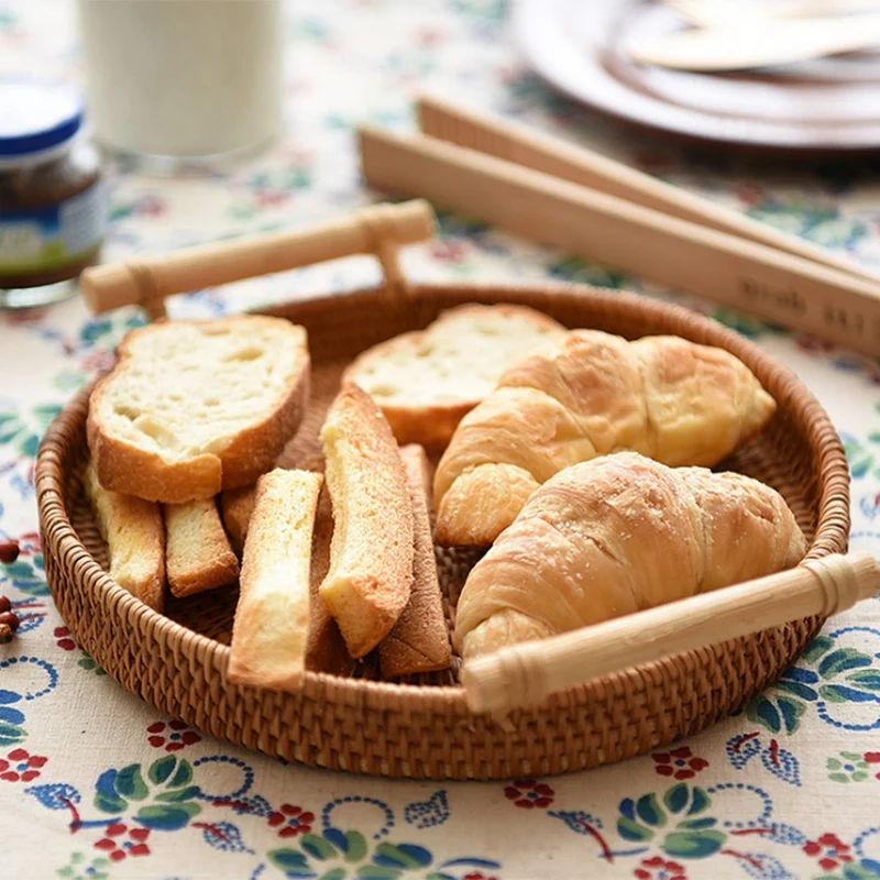 Круглая плетеная корзина для хлеба из ротанга поднос чая с ручками сервировки