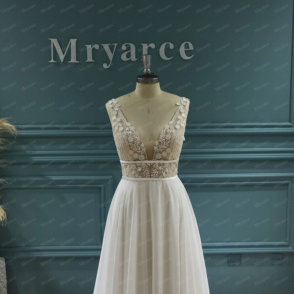 Mryarce Brautkleid mit tiefem Ausschnitt, 3D-Blumenspitze, offener Rücken, Chiffon, A-Linie, rustikale Brautkleider – Detail 2