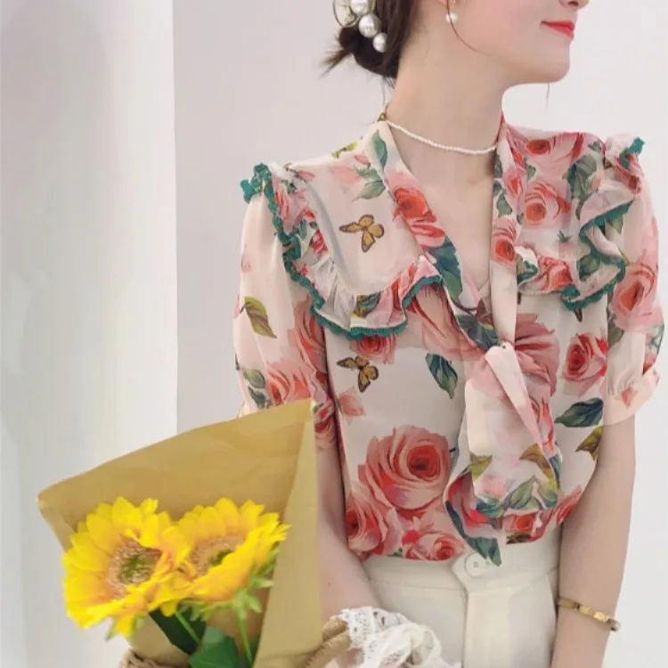 

new 2021 summer Korean version Lapel ribbon foreign style flower comfortable fashion temperament Short Sleeve Chiffon shirt for