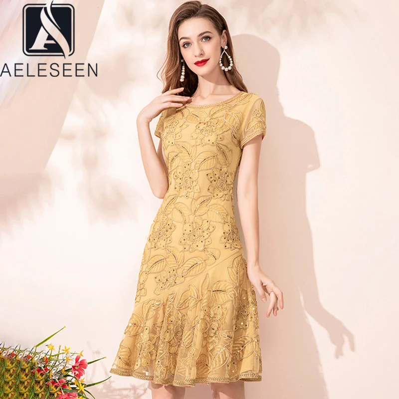 

AELESEEN для женщин большого размера, летнее платье модель последних модных показов; Желтого, розового, зеленого цвета с цветочной вышивкой бле...