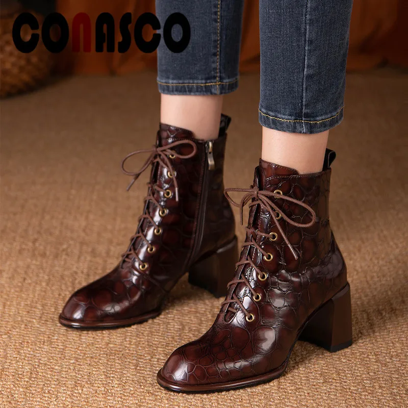 

CONASCO Retro Brand Women Short Boots Autumn Winter Warm Genuine Leather Casual Prom Office High Quality Elegant Shoes Woman