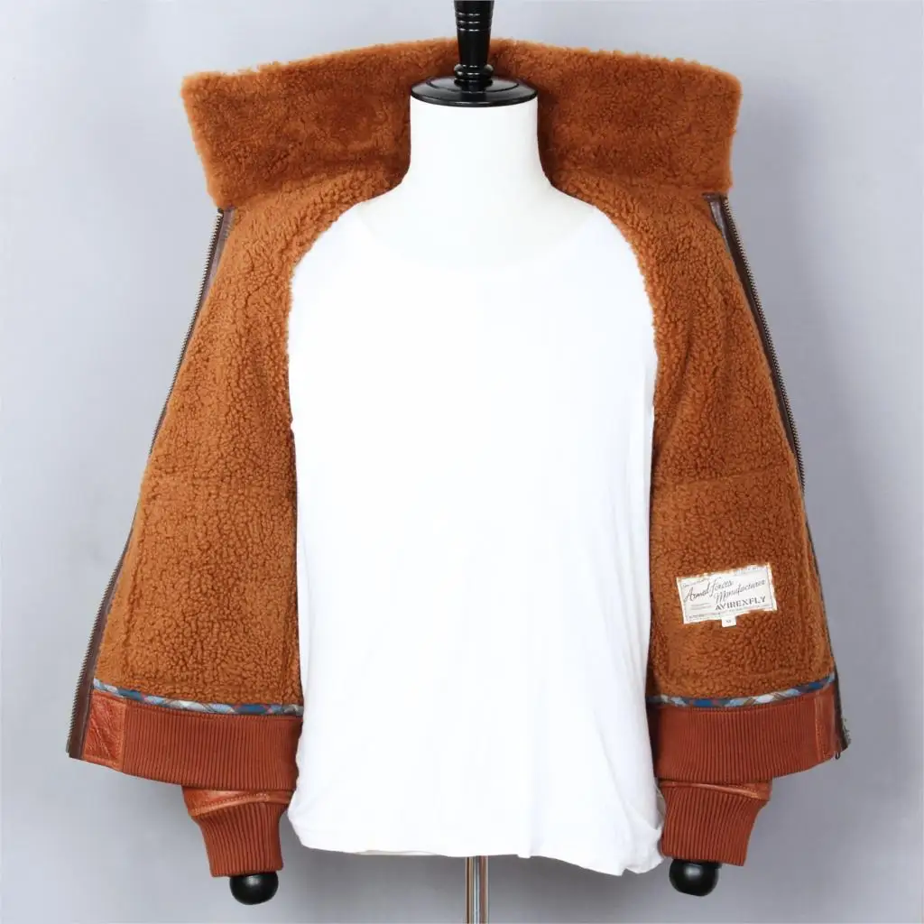 

2019 Fur One Motorcycle Jacket Brown Sheepskin Genuine Leahter Jacket Men Fur collar Wool Liner Bomber jacket Winter Coat