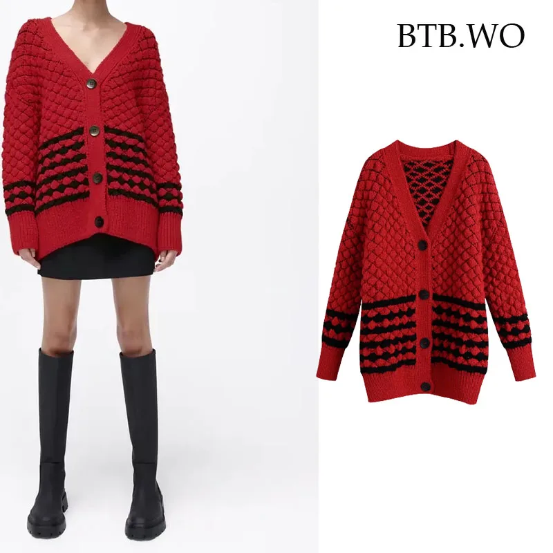 

BTB.WO Za 2021 Autumn Winter Women Striped Knitted Cardigan Sweater Coats V-Neck Single Breasted Casual Streetwear Cardigans