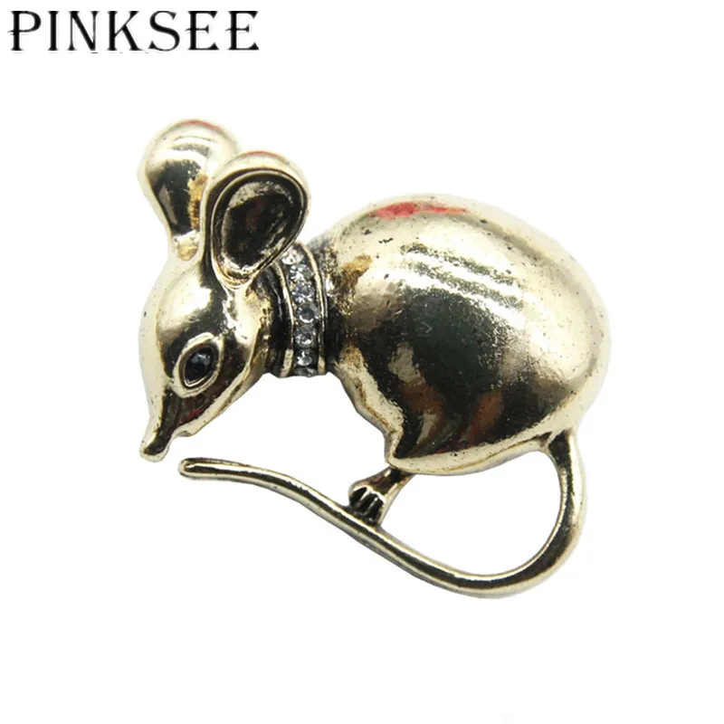 

Pinksee New Vintage Personality Metal Mouse Brooch Women Rhinestone Animal Lapel Pins Men's Suit Buckle Accessories