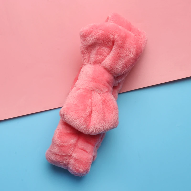 peach Фланелевые косметические повязки на голову, мягкие эластичные повязки на голову с бантом, кружевные повязки на голову для мытья лица, душа, спа, инструменты для макияжа - Handle Color: peach