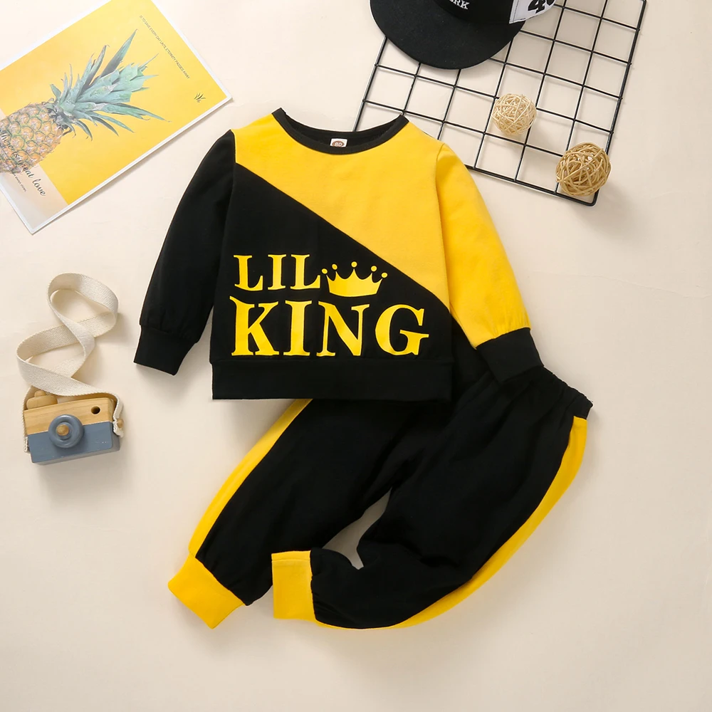 Baby boy suit round neck long sleeve letter stitching color T-shirt+sports pants suit is suitable for baby boys aged 0-18 months