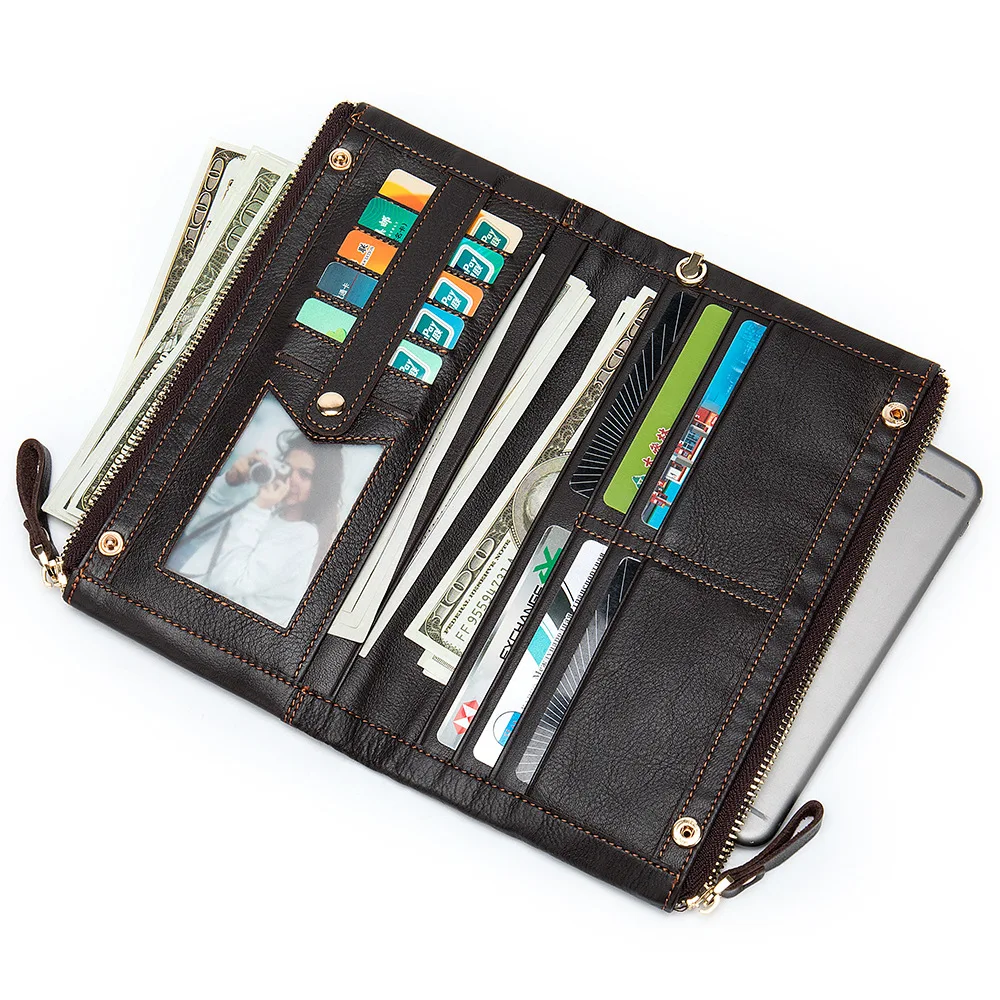 

YourSeason Genuine Leather Men 2021 Double Zipper Wallets And Purses Solid Color Man Retro Clutch Hand Wallets Phone Purse