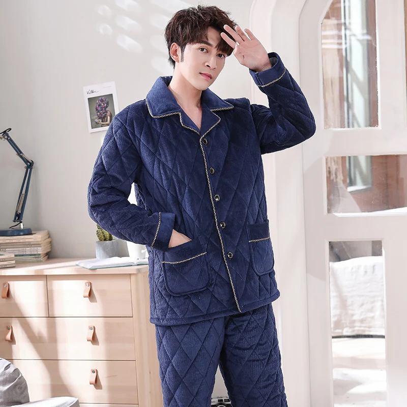 Winter Thick Quilted Men Coral Fleece Pajamas Sets of Sleep Tops & Bottoms Male Flannel Warm Sleepwear Thermal Home Clothing