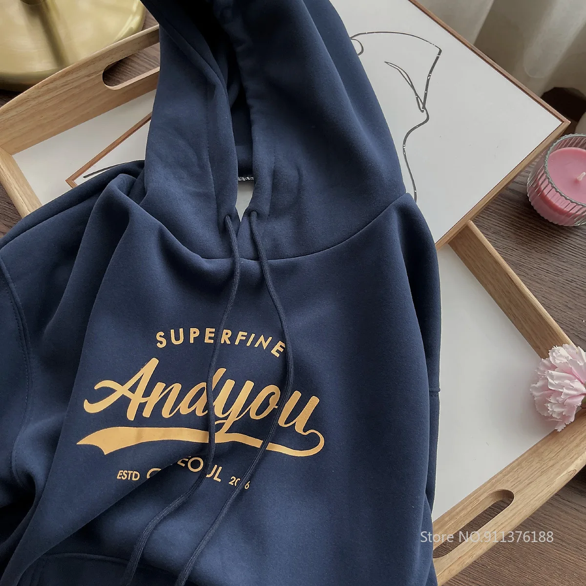 

Dark blue pink hoodie ladies plus velvet hoodie retro plus velvet gray sweater ins clothes for teens