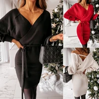 spring dress 2021 v neck sexy strapless backless women dress long sleeve elegant waist sashes tied casual cotton dress