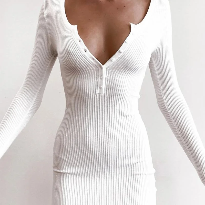 

V Neck Button Knitted Dress Sexy Women Soft Fashion Dresses Short Temperament Bodycon Dress Holiday Club Sweater Clothing Female