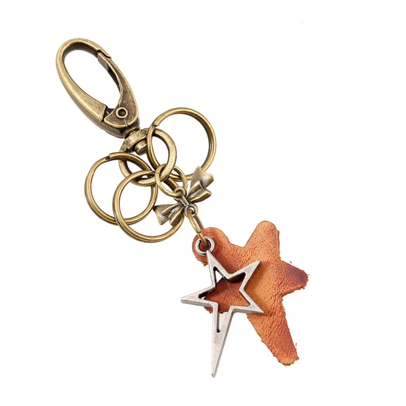 

Vintage Bronze Car Key Chain Antique Silver Color Five-Pointed Star Brown Leather Charm Keychain Backpack Pendant Punk Jewelry