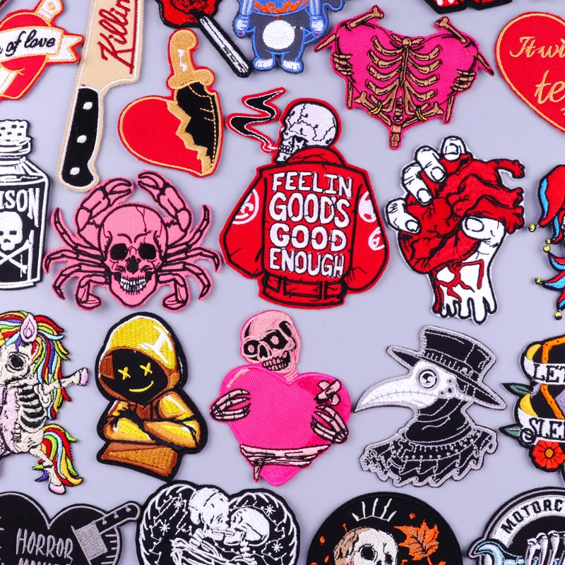 

Punk /Biker Patch For Clothing Rock Embroidered Patches On Clothes Skull Iron On Patches Stripes For Jacket Hippie Badge Sticker