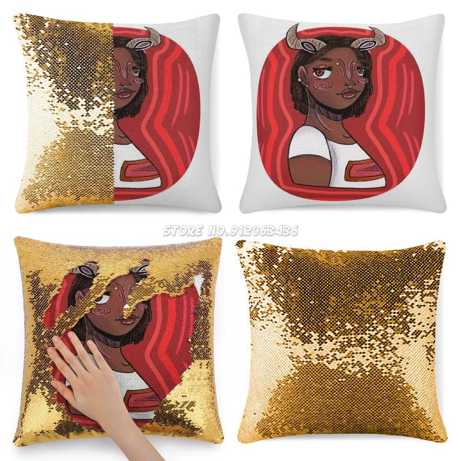 

Bull Girl Sequin Pillowcase Fashion Pillowcase Gift for Her He Bull Bull Girl Half Animal Red Girl Girl Half Animal Girl Animal