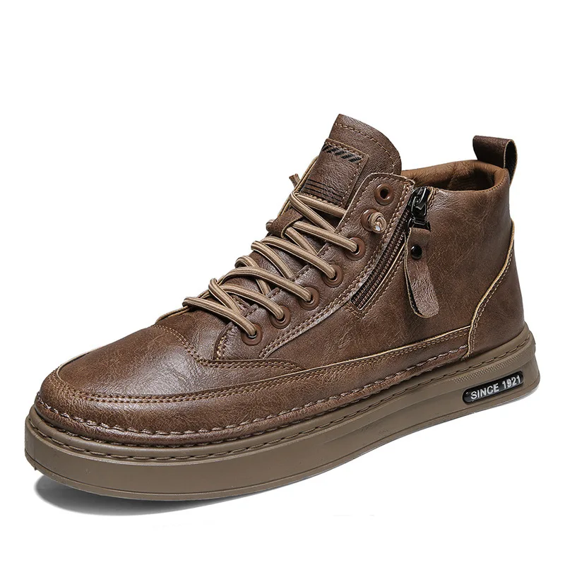 

2021 Autumn New Casual Leather Shoes Mid-Top Side Zipper Fashion Shoes Sports Men's Shoes